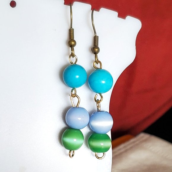Bronze Hook Jasper and Cat's Eye Bead Earrings NWT - Picture 1 of 3